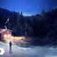 A figure faces a small building that's lit up in the middle of a vast, snowy forest on the cover of Chuck Wendig's Wayward.
